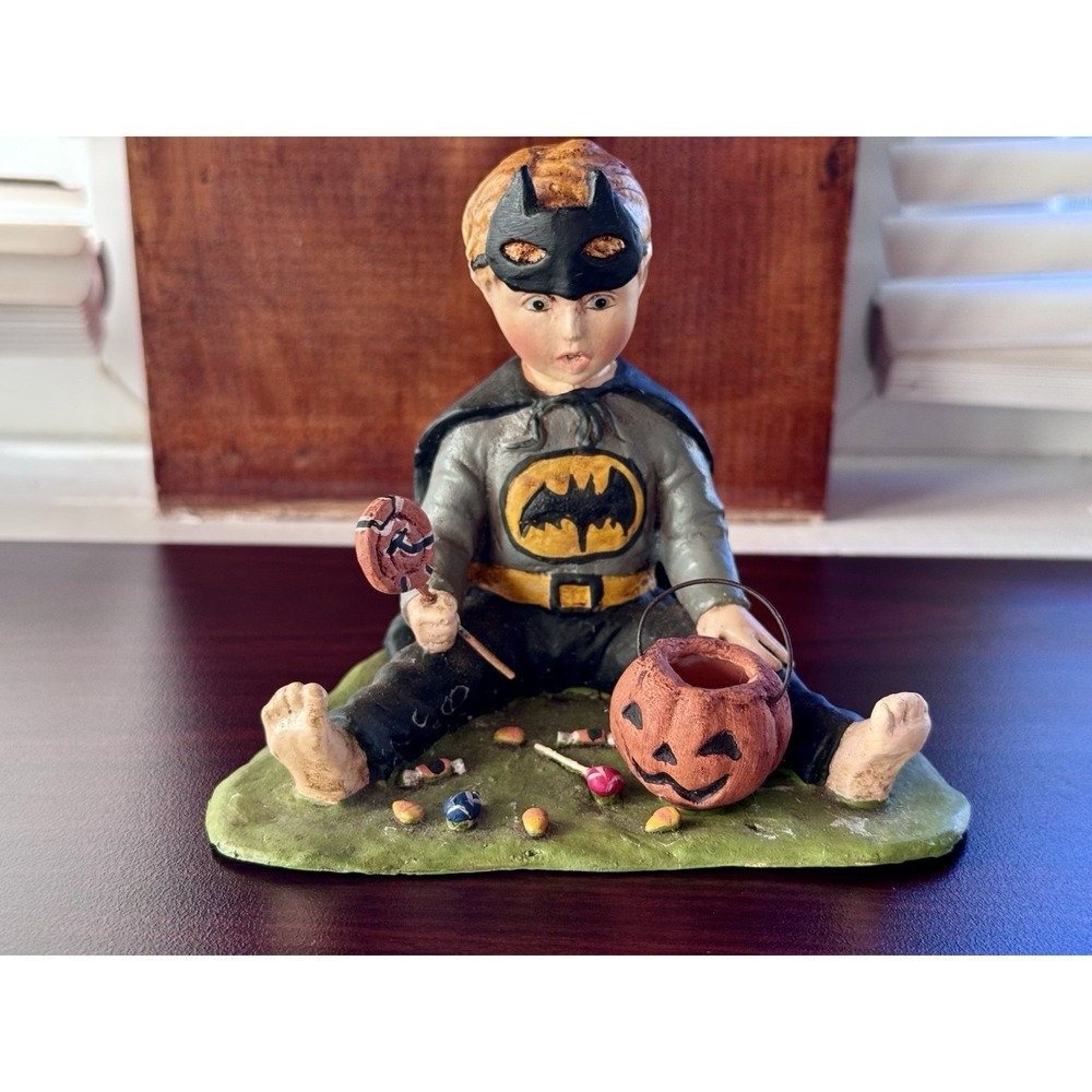 Bethany Lowe Little Super Hero SCARCE Halloween Figurine Upright Pumpkin Bucket